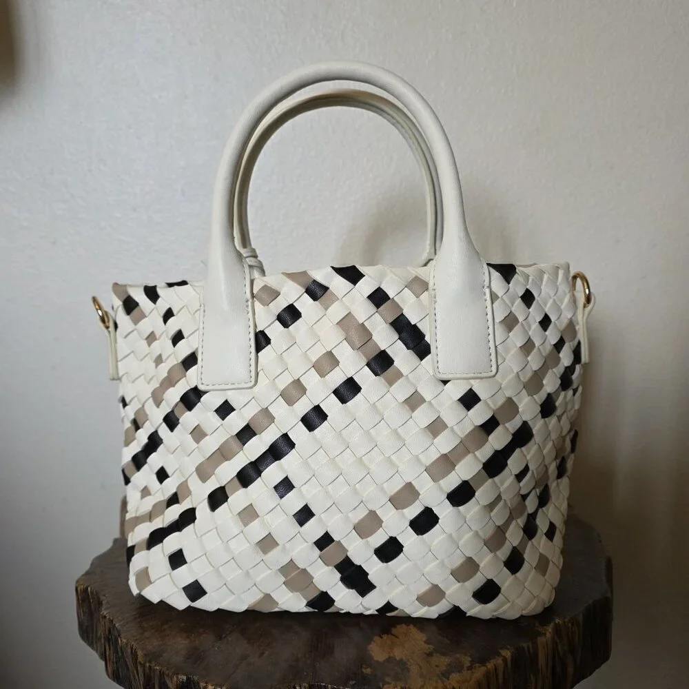 Satchel Tote Cream Black Neutral Top Handle Bag - Picture 10 of 16